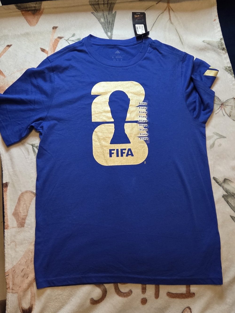 adidas Blue Short Sleeve Tee with Gold FIFA Trophy Graphic